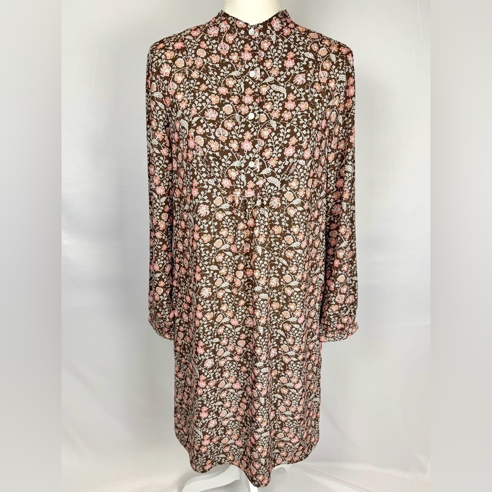 J. McLaughlin Tavia Shift Dress Long Sleeve Pockets Medium Brown & Pink Floral - Picture 3 of 14